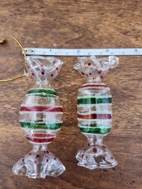 Glass Candy Cane Christmas Ornament Pair with Red and Green Stripes